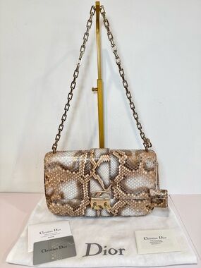 Christian Dior Perle Bronze Python Miss Dior Medium Flap Bag W Gold Chain Strap